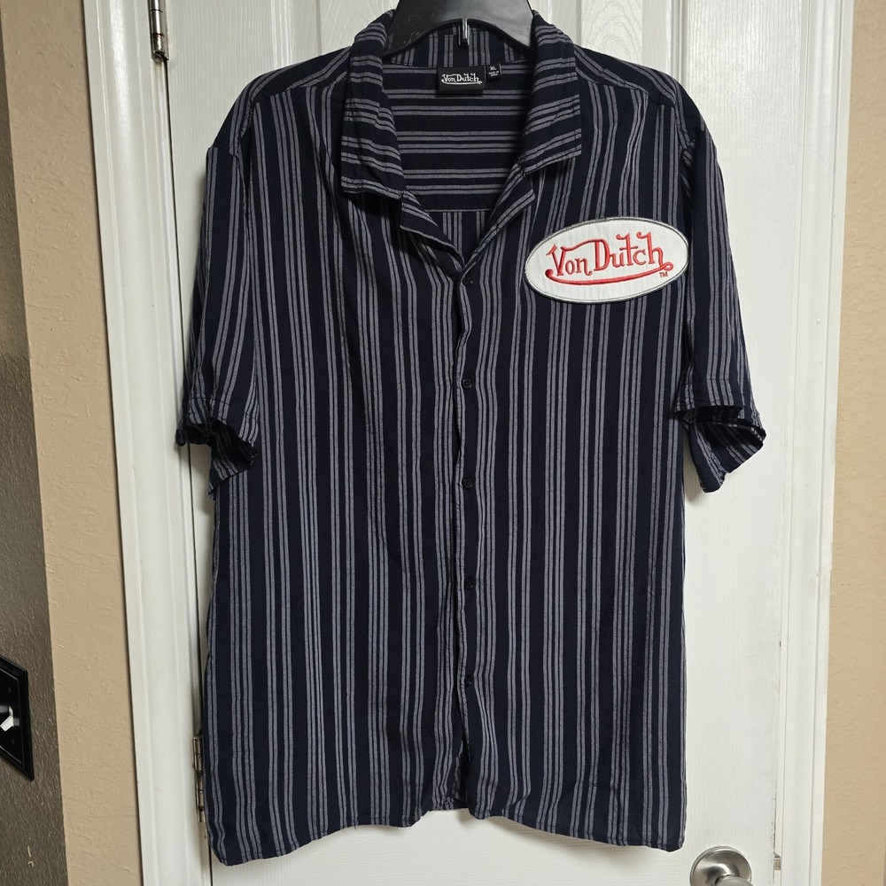 Von Dutch Shirt Mens XL Blue Stripe Rayon Bowling Camp Logo Patch Rockabilly